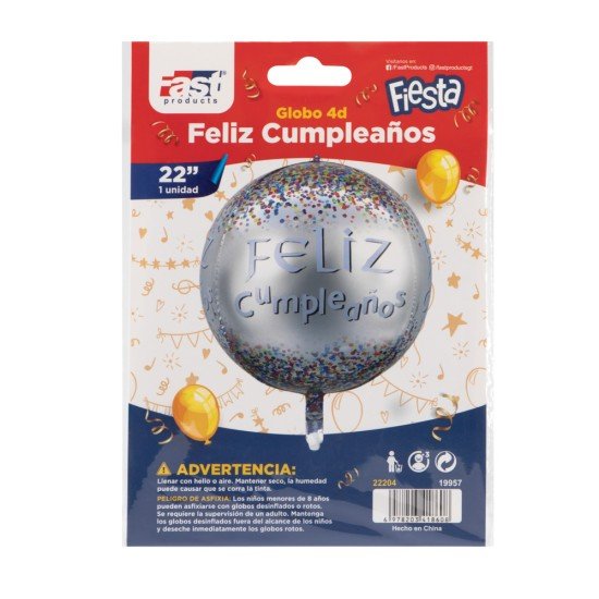GLOBO FAST DECORATIVO 22" 4D FELIZ CUMPLEAÑOS
